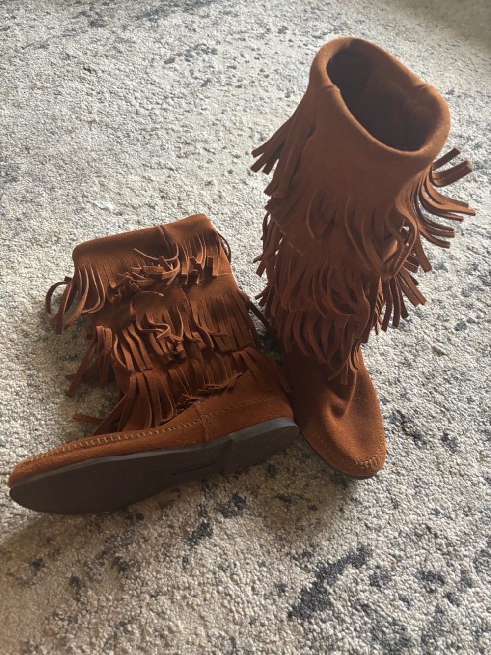 Minnetonka Fringe Moccasin Boots in Cognac Brown